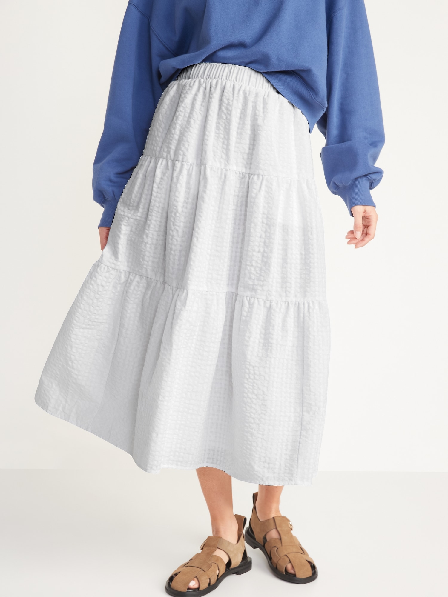 High Waisted Tiered Seersucker Maxi Skirt Old Navy