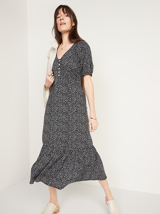 Image number 1 showing, Floral-Print Puff-Sleeve All-Day Maxi Swing Dress for Women