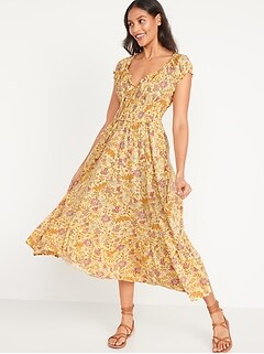 Waist-Defined Short-Sleeve Printed Midi Dress for Women