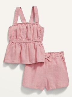 Sleeveless Linen-Blend Peplum Top and Shorts Set for Baby