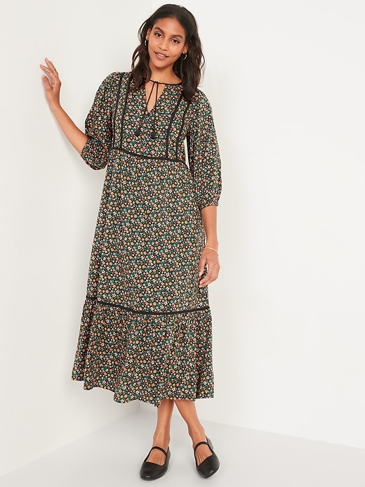 Image number 1 showing, Tie-Neck 3/4-Sleeve All-Day Maxi Swing Dress for Women