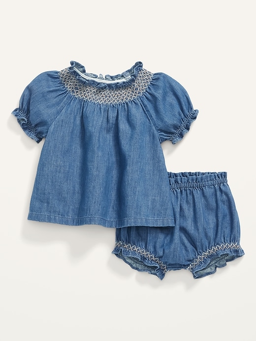 Short-Sleeve Smocked Chambray Top and Bloomers Set for Baby
