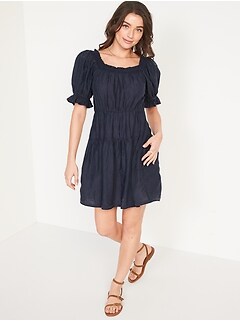 Puff-Sleeve Tiered Smocked Embroidered Mini Swing Dress for Women