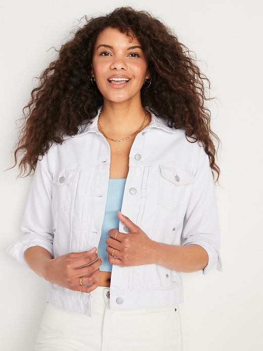 Image number 1 showing, Relaxed Classic White Non-Stretch Jean Jacket for Women