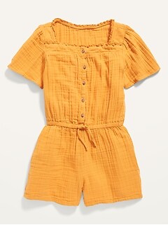 Double-Weave Button-Front Short-Sleeve Romper for Girls