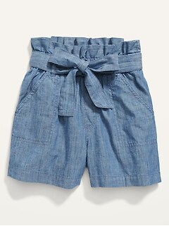 Paperbag-Waist Chambray Utility Shorts for Girls