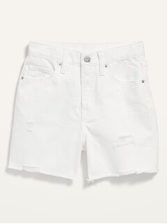 High-Waisted White Slouchy Ripped Cut-Off Jean Midi Shorts for Girls