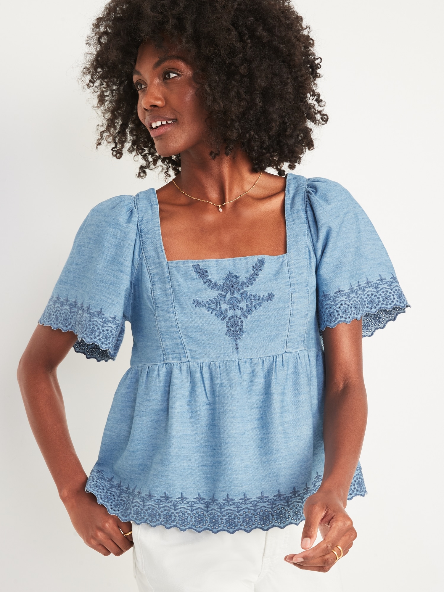 Old Navy Matching Chambray Flutter-Sleeve Embroidered Tie-Back Top for Women blue. 1