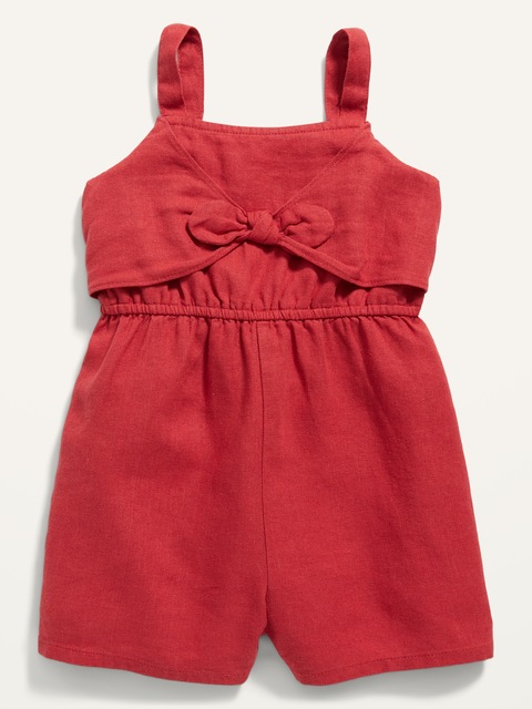 Sleeveless Linen-Blend Bow-Tie Front Romper for Toddler Girls