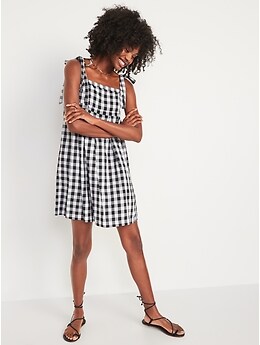 Tie-Shoulder Gingham Mini Babydoll Swing Dress | Old Navy