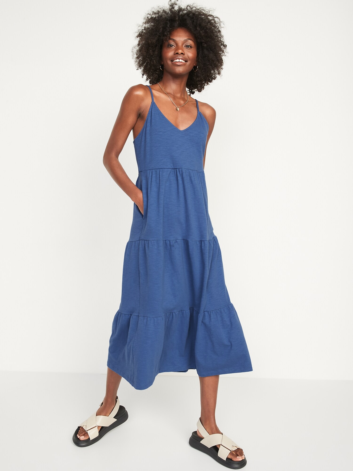 Tiered Slub-Knit Midi Cami Swing Dress 