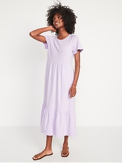Short-Sleeve Tiered Slub-Knit Midi Swing Dress for Women
