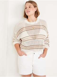Long-Sleeve Striped Cropped Crochet Sweater for Women