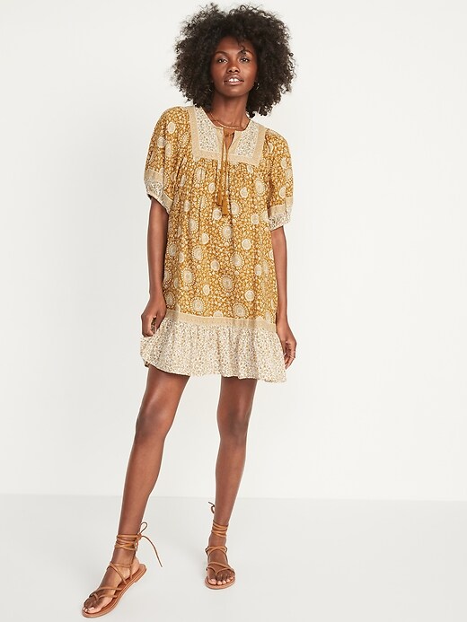 Image number 1 showing, Puff-Sleeve Printed Mini Swing Dress