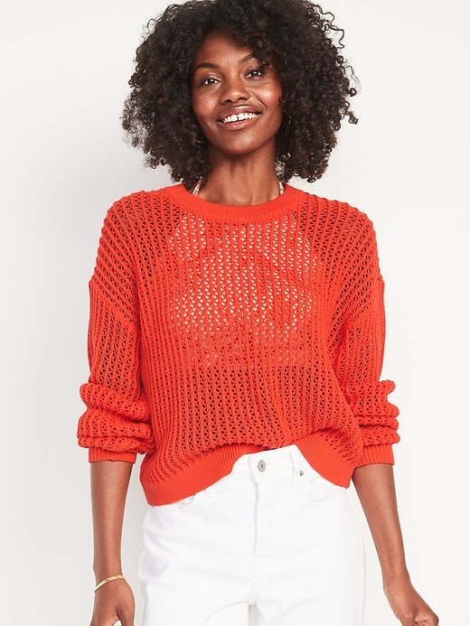 Old Navy Long-Sleeve Cropped Crochet Sweater for Women. 1