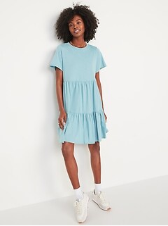 Short-Sleeve Tiered Slub-Knit Mini Swing Dress for Women