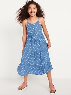 Sleeveless Button-Front Tiered Matching Print Midi Dress for Girls