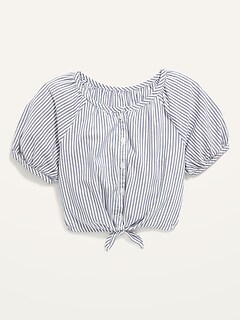 Striped Short Puff-Sleeve Tie-Front Top for Girls