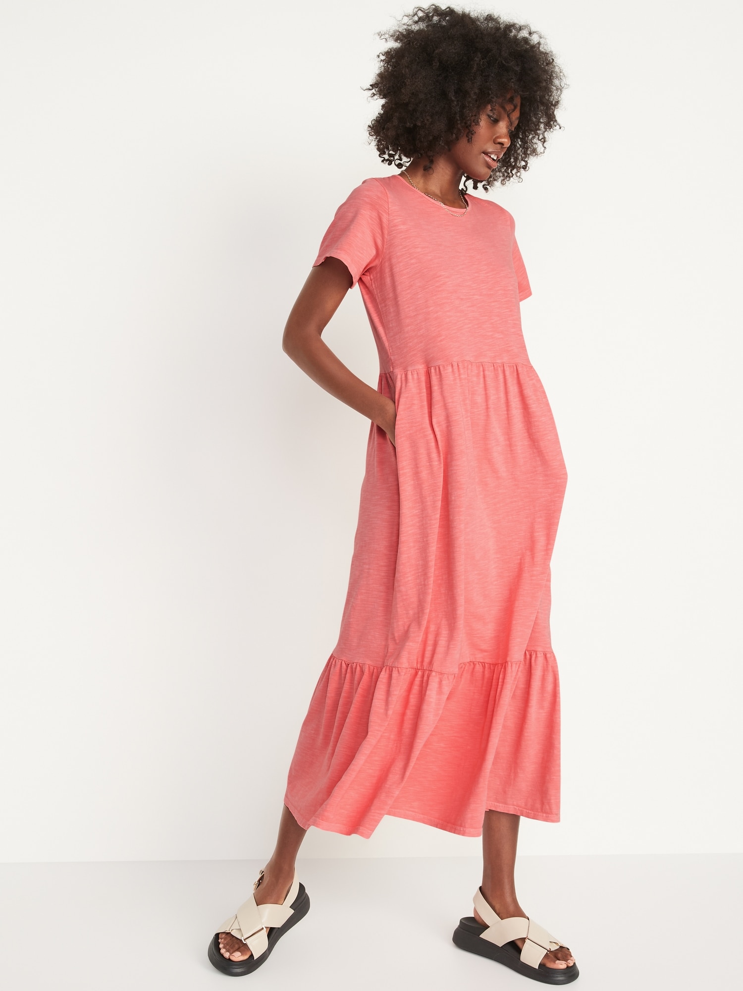 Short-Sleeve Slub-Knit Tiered Midi Swing Dress for Women