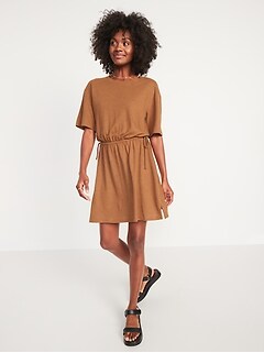Waist-Defined Short-Sleeve Linen-Blend Mini Dress for Women