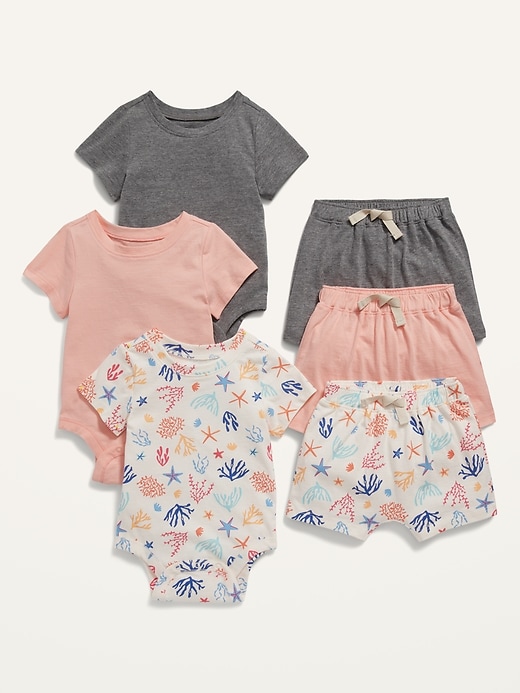 View large product image 1 of 2. Unisex 6-Piece Bodysuit and Pull-On Shorts Set for Baby
