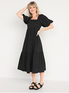 Fit & Flare Puff-Sleeve Cotton-Poplin Smocked All-Day Midi Dress for Women