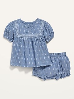 Short-Sleeve Matching Print Top and Bloomers Set for Baby