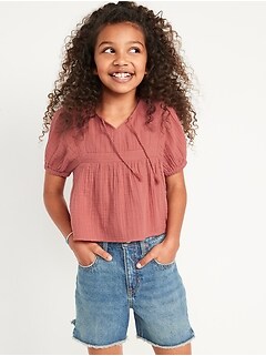 Puff-Sleeve Double-Weave Swing Top for Girls