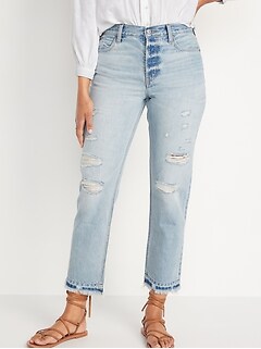 High-Waisted Slouchy Straight Distressed Cut-Off Non-Stretch Jeans for Women