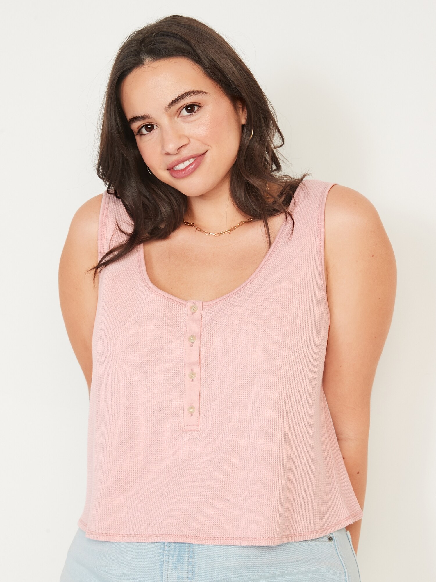 Thermal Knit Cropped Henley Tank Top Old Navy