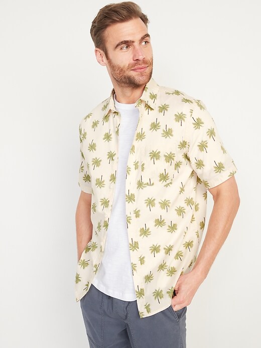 Old Navy Men's Everyday Built-In Flex Printed Short-Sleeve Shirt White Palm Tree Regular Size S