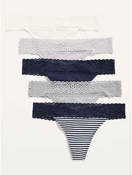 Supima® Cotton-Blend Lace-Trim Thong Underwear 5-Pack for Women