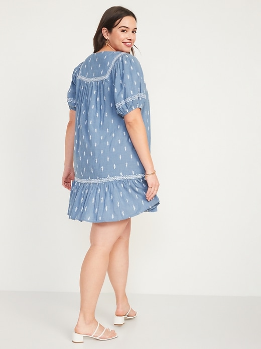 Image number 6 showing, Puff-Sleeve Split-Neck Embroidered Mini Swing Dress for Women