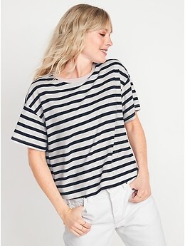 Short-Sleeve Oversized Cropped Striped Linen-Blend T-Shirt for Women