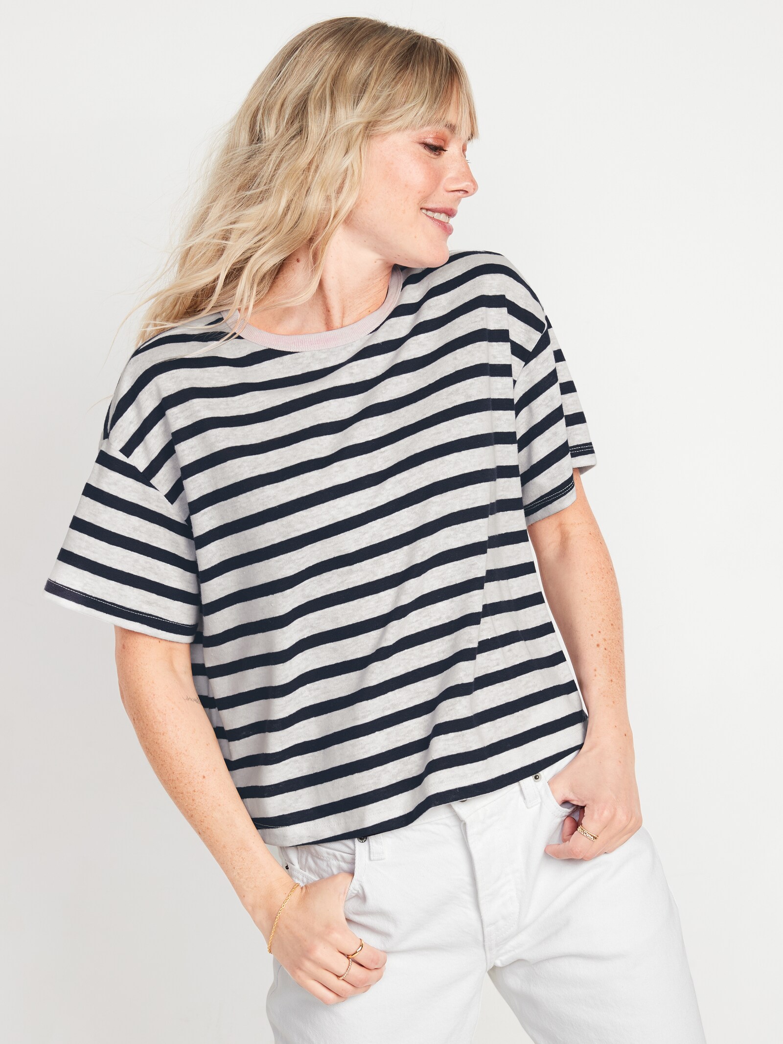 Short-Sleeve Oversized Cropped Striped 