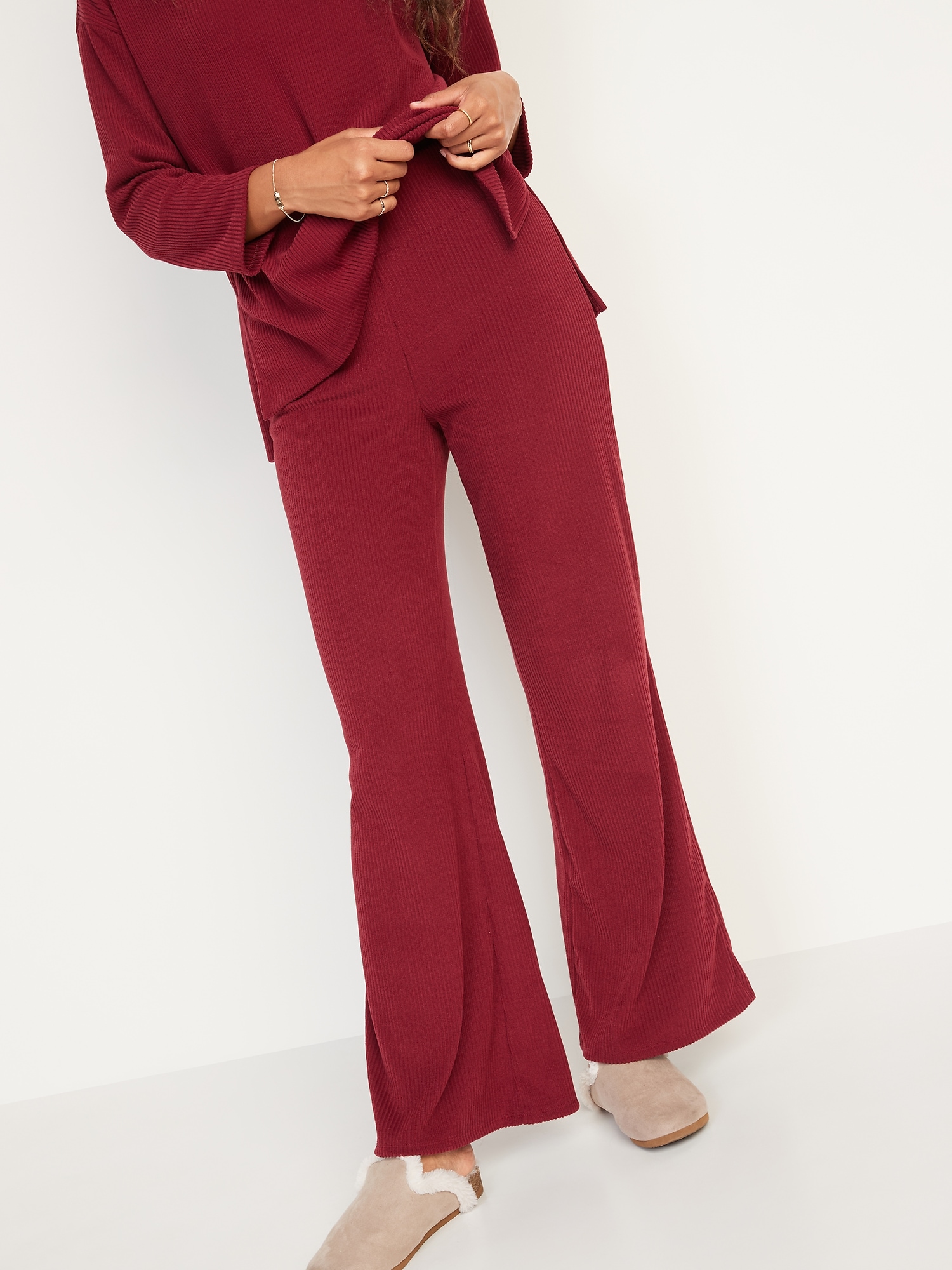 High-Waisted Cozy Rib-Knit Flared Lounge Pants for Women