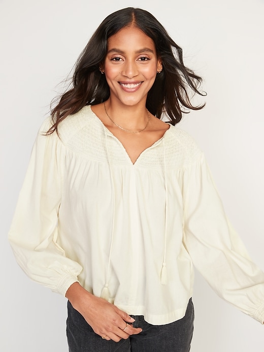 Image number 1 showing, Long-Sleeve Smocked Embroidered Poet Blouse for Women