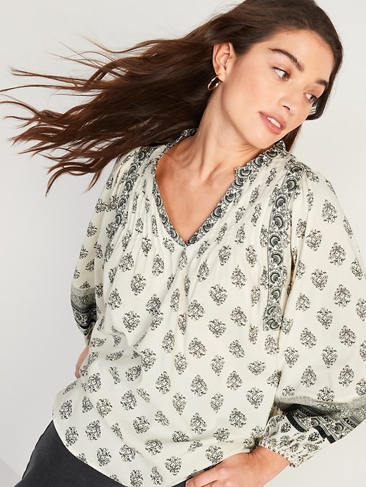Image number 1 showing, Long-Sleeve Printed Poet Swing Blouse for Women