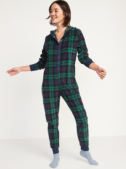 Image number 1 showing, Matching Printed Microfleece Hooded One-Piece Pajamas