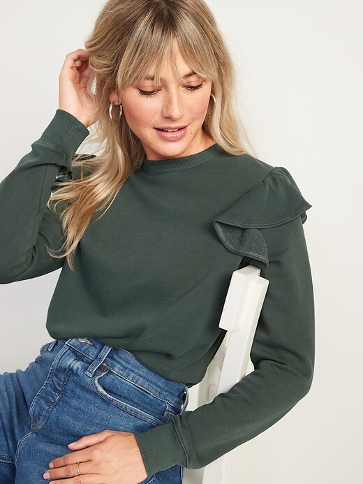 Image number 1 showing, Ruffle-Trim French-Terry Cropped Sweatshirt for Women