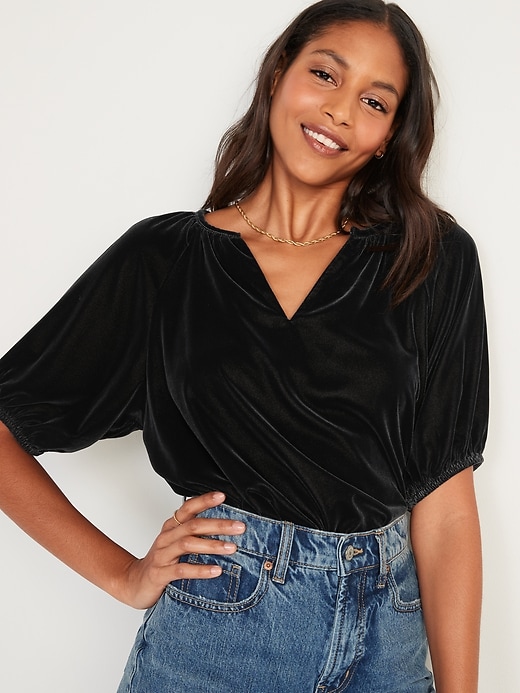 Elbow-Sleeve Split-Neck Velvet Swing Blouse for Women | Old Navy