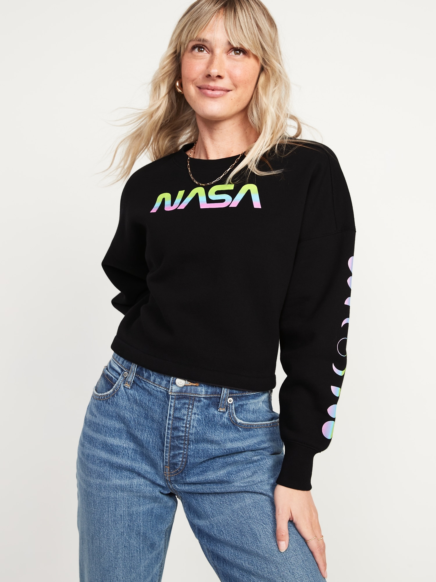 Oversized Cropped Licensed Pop Culture Graphic Sweatshirt for Women