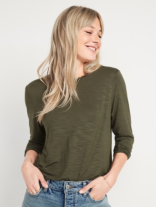 Image number 1 showing, Luxe Crew-Neck Slub-Knit Long-Sleeve T-Shirt for Women