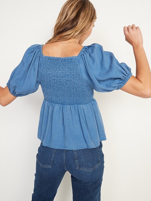 Image number 2 showing, Puff-Sleeve Smocked Jean Babydoll Blouse for Women
