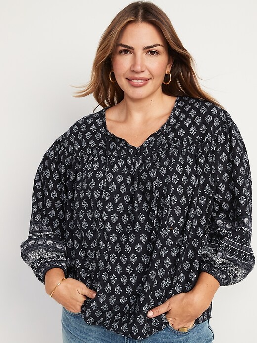 Image number 5 showing, Long-Sleeve Smocked Printed Poet Blouse for Women
