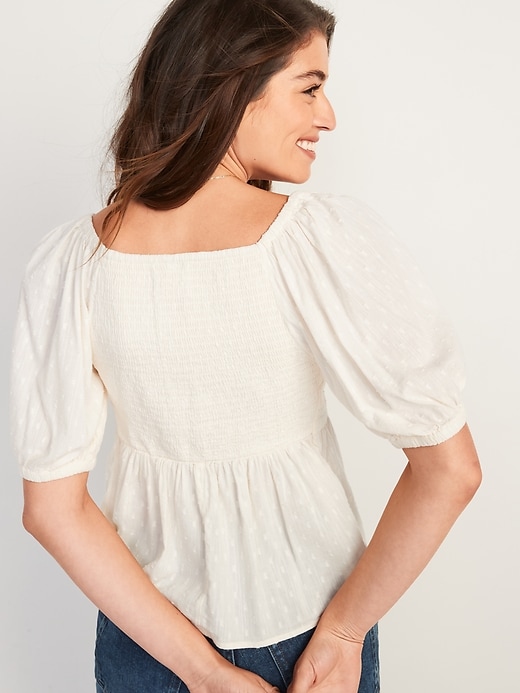 Image number 2 showing, Smocked Puff-Sleeve Textured Clip-Dot Blouse for Women