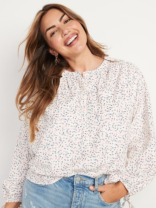 Image number 5 showing, Oversized Ditsy-Floral Corduroy Tie-Sleeve Top for Women
