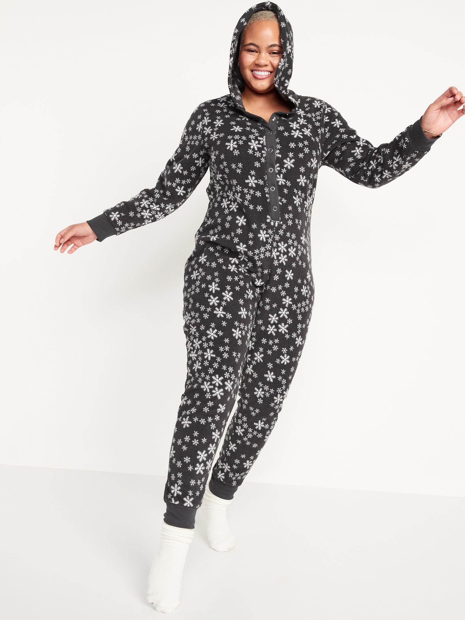 Matching Printed Microfleece Hooded One Piece Pajamas for Women