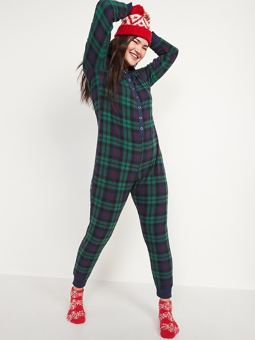 Image number 5 showing, Matching Printed Microfleece Hooded One-Piece Pajamas