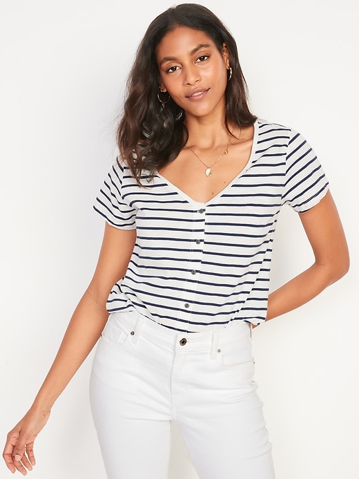 Image number 1 showing, Striped Slub-Knit V-Neck Button-Front Top for Women